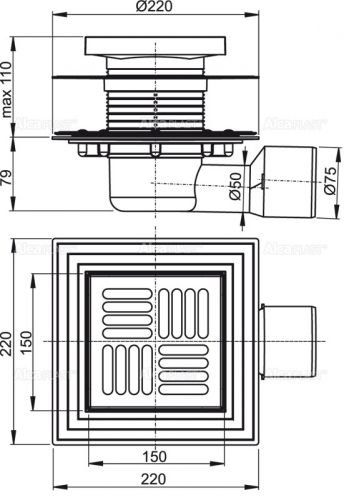 APV3444 Сливной трап 150 × 150/50/75, подводка – боковая, решетка – нержавеющая сталь, фланец –нерж сталь Alca Plast в Хадыженске